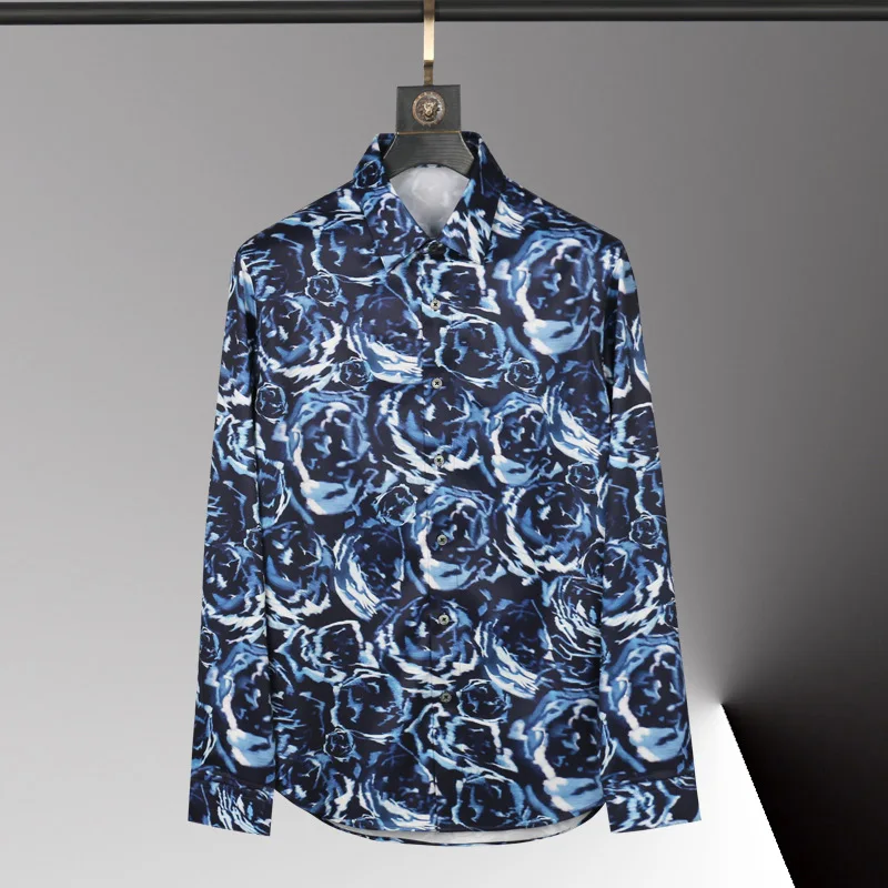 New autumn and winter men's long sleeved shirt with fashionable print and no ironing shirt, long sleeved runway style