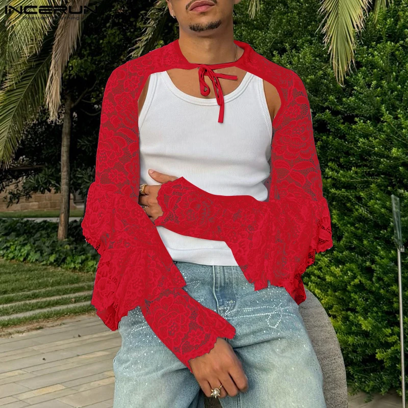 INCERUN Tops 2025 Amerikaanse Stijl Mode Mannen Solid Verstoorde Kant Vest T-shirts Mannelijke Casual Cropped Dunne Lange Mouwen Camiseta