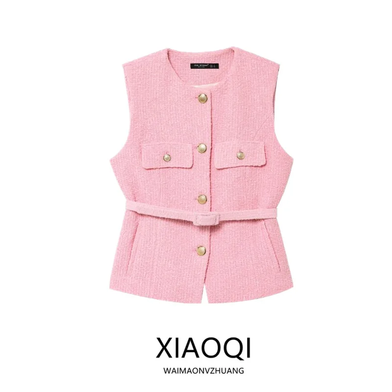 

Весна 2023, женский круглый жилет с поясом и текстурой, Новое поступление, модная универсальная застежка на одной пуговице, обычная длина