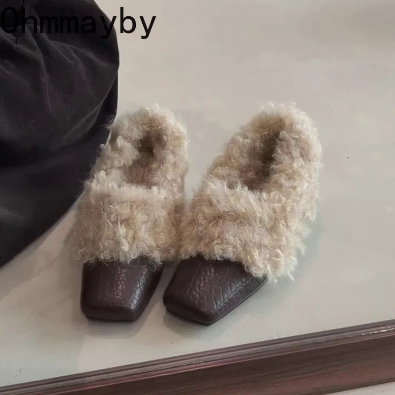 

Autumn Winter Vintage Furry Women Slip On Pumps Shoes Concise Slip On Short Plush Shoes Eelgant Dress Thick Heel Leather Shoes