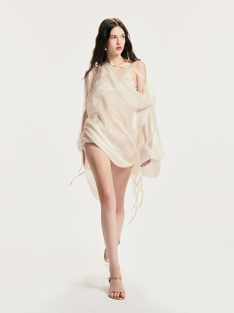 Women Lace-up Two Piece Set Women Long Sleeves Folds Irregular Loose Mini Dress + Lace Jumpsuit Suits Evening Party Celebrity