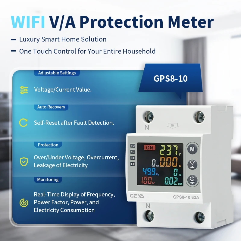 

8in1 Smart Tuya WIFI Switch Kwh Metering Circuit Breaker Digital Screen Voltage Current and Leakage Protection Current Limit