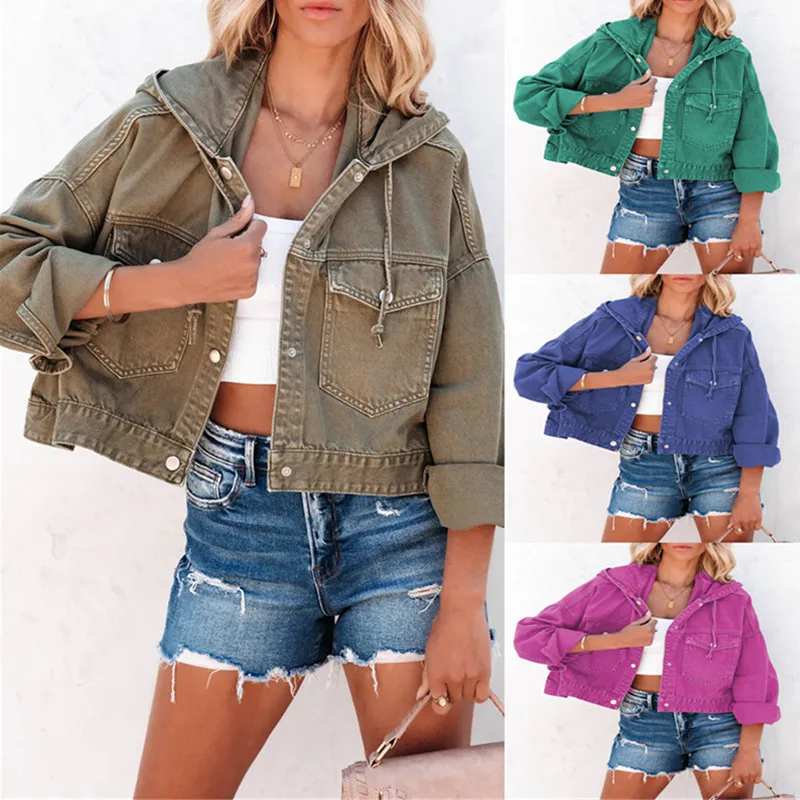 

New Jackets for Women Hooded Denim Jacket Vintage Jean Coats Casual Long Sleeve Top Clothes Female Streetwear Outerwear