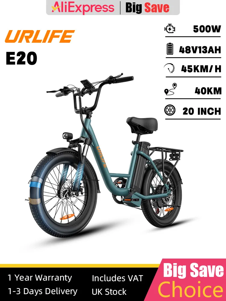 AliExpress NONE URLIFE Ebike 500W Motor 48V 13AH Removable Battery Electric Bicycle 20*3.0 Inch Fat Tires Adult Snow City Commuter Electric Bike