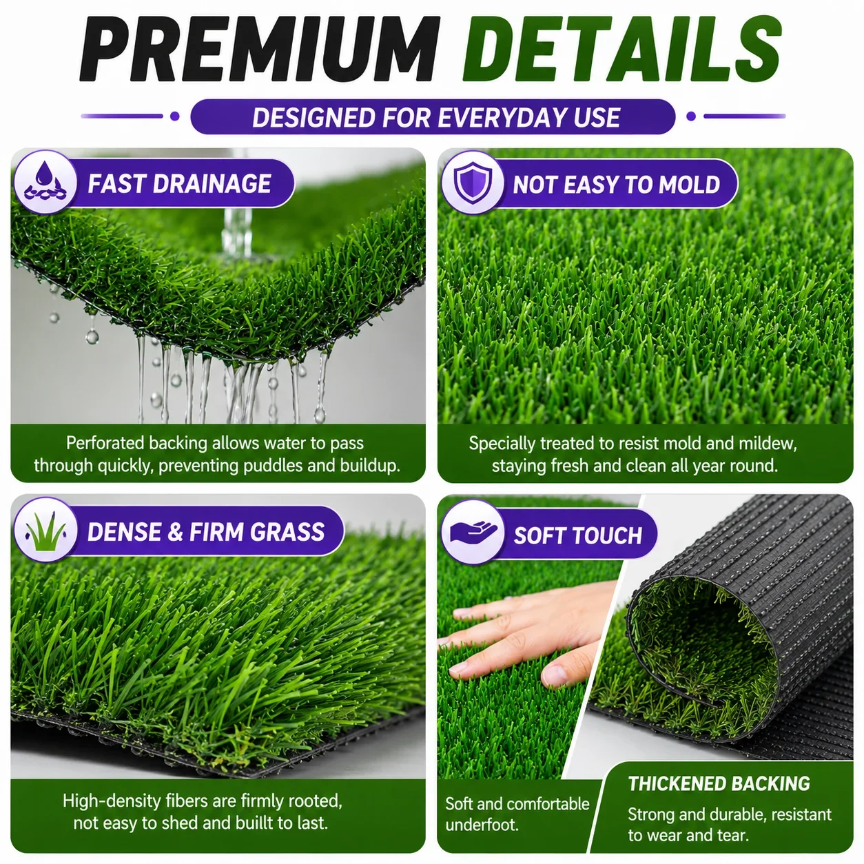 15mm Artificial Grass Turf Mat Thick Realistic Fake Lawn Rug Drainage Synthetic Grass for Garden Patio Balcony Dogs Pets Outdoor