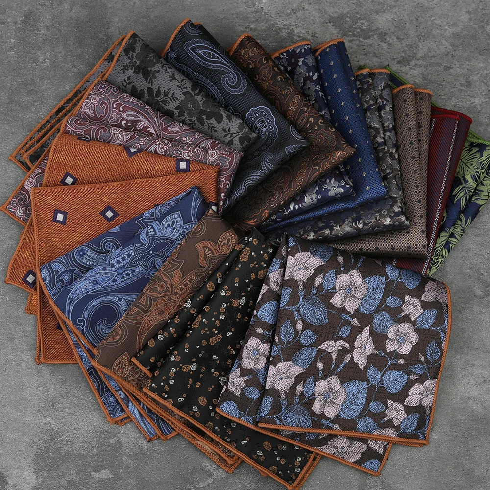 24cm Formal Business Men's Floral Pocket Square Polyester Woven Navy Brown Striped Handkerchief Wedding Party Suit Accessories