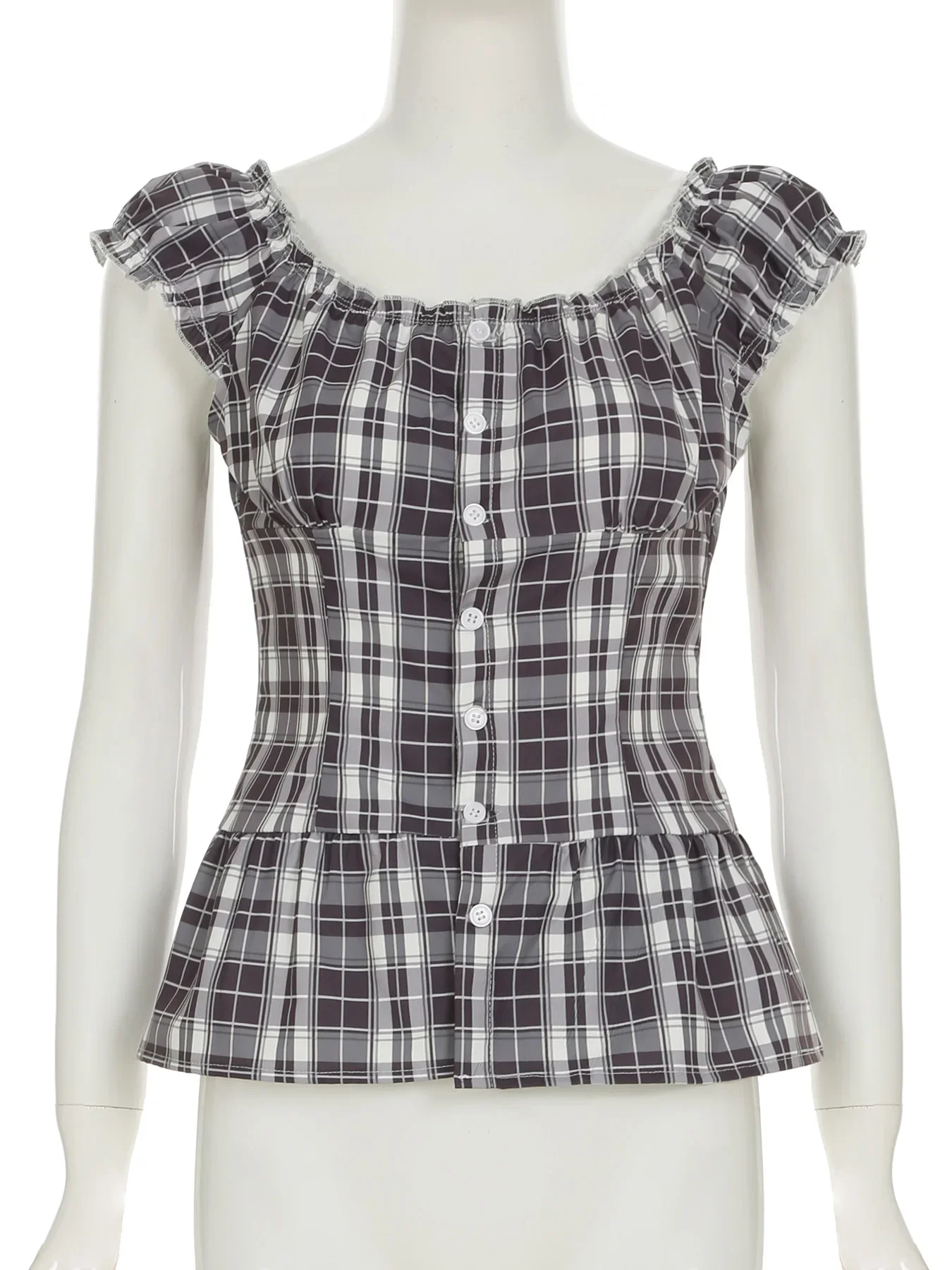 FDEY Plaid Print Slim Retro Blouses Classic Fashion Streetwear All-match Basic 90s Tops Button Chic Summer Clothings