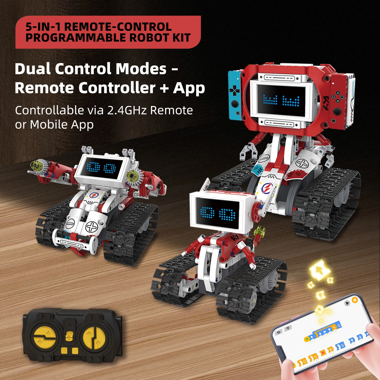 5-in-1 technische ferngesteuerte verformte Roboterauto-Bausteine, Stadt-App, RC-Fahrzeug, Tanksteine, Spielzeug für Kinder, STEM-DIY-Geschenke