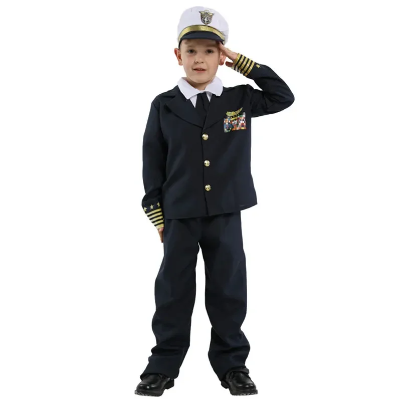 Kids Child Navy Admiral Captain Pilot Costume Uniform for Boys Halloween Purim Carnival Party Mardi Gras Fancy Dress