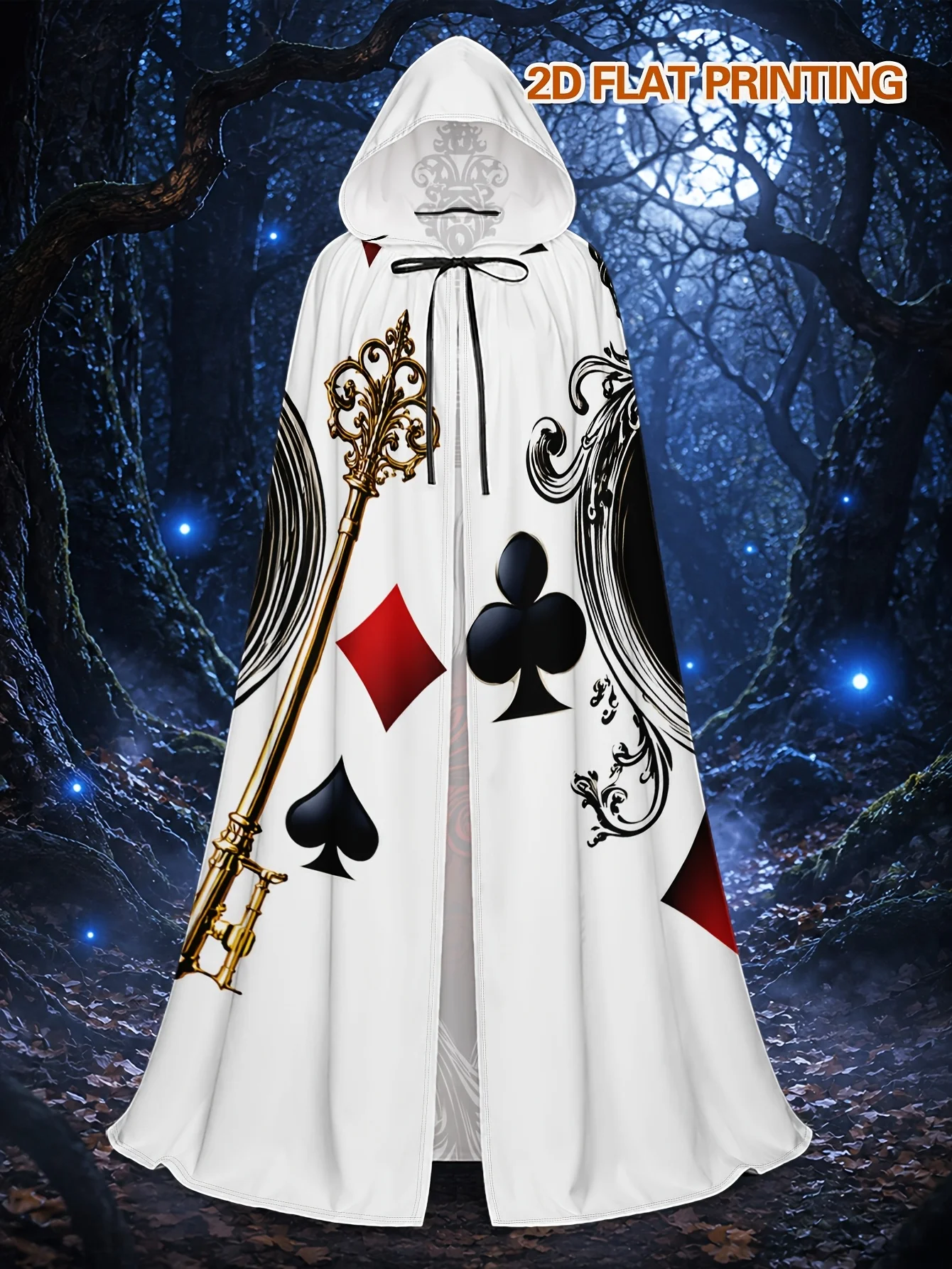 Customization 1pc Long Adult Polyester Cloak With Regal Heart With Crown And Key Print, Hooded Costume Cape For Halloween Haunte