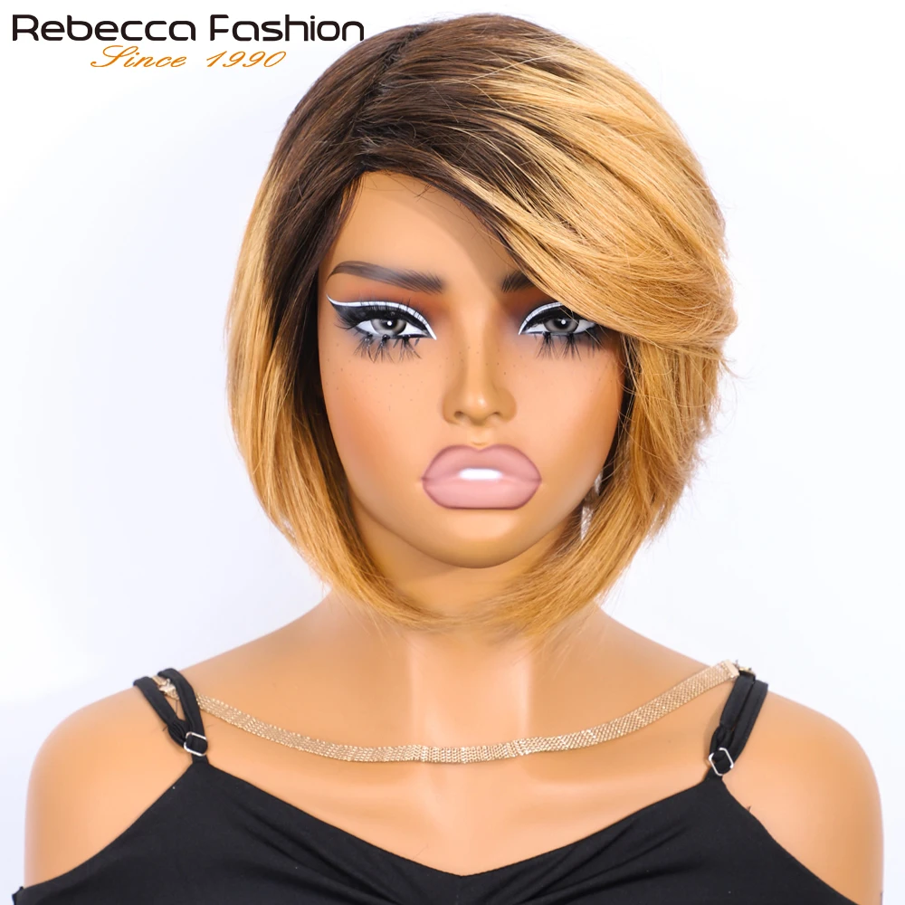 

Парик Rebecca Blonde Short Pixie Cut Side Part Straight Bob из 100% натуральных человеческих волос для женщин, бразильские волосы Remy, машинная работа, цветные.