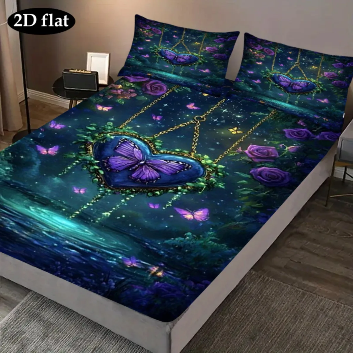 Dreamy Purple Butterfly and Heart-Shaped Breathable and Comfortable Mattress Protector, Made of Breathable Polyester Material (Includes 1 Fitted Sheet + 2 Pillowcases), Fitted Sheet Style, Elastic Protector, Mattress Cover, Fitted Sheet Style Bedding, Christmas Themed Bedding