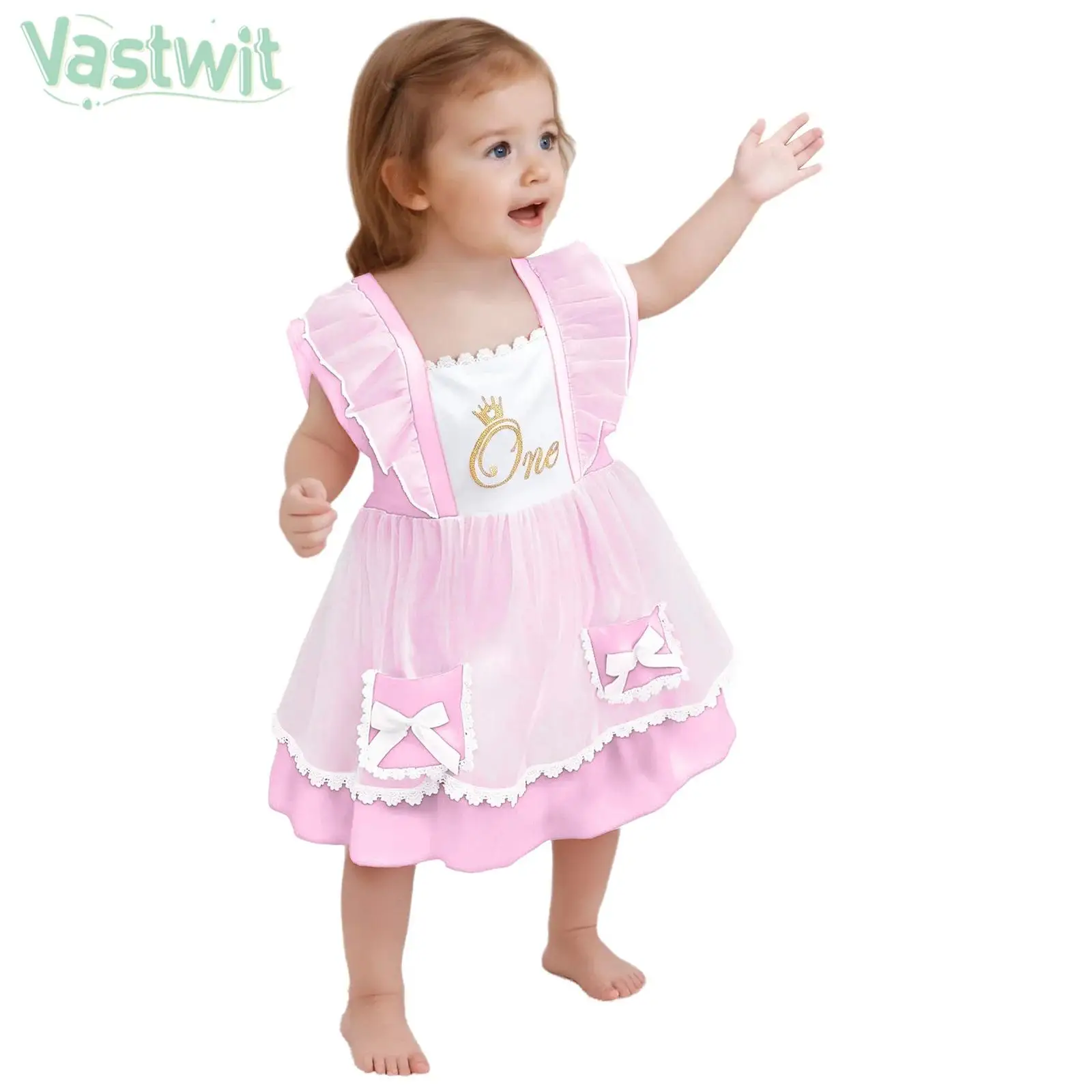 

9-18M Baby Girl 1st Birthday Christening Wedding Banquet Party Dress Fly Sleeve Smocked Cute Bowknot Lace Letter Print Tutu Gown