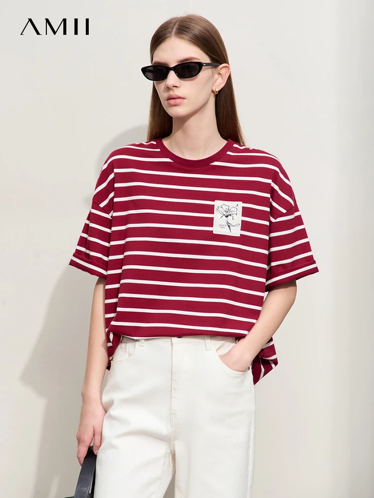 

Amii Minimalism 2024 Summer New Women T-Shirts Loose O-Neck Striped Short-sleeve Casual Mid-length Fashion Tees Female 12422097