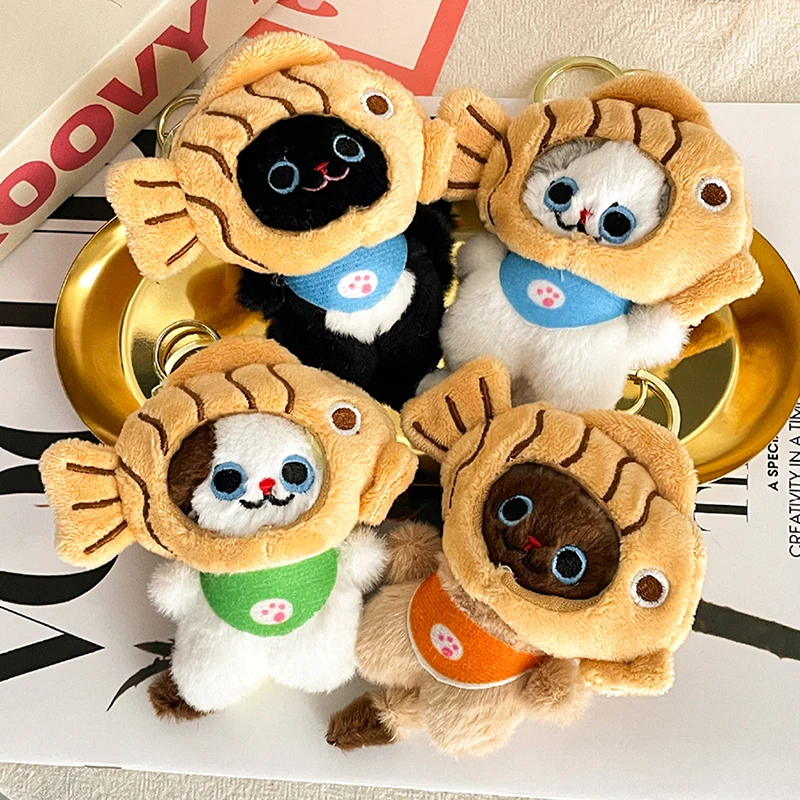 Soft Cartoon Cat Stuffed Doll Keychain; Plush Taiyaki Headgear Toy; Lovely Car Key Ring; Kids' Backpack Bag Decor Gift