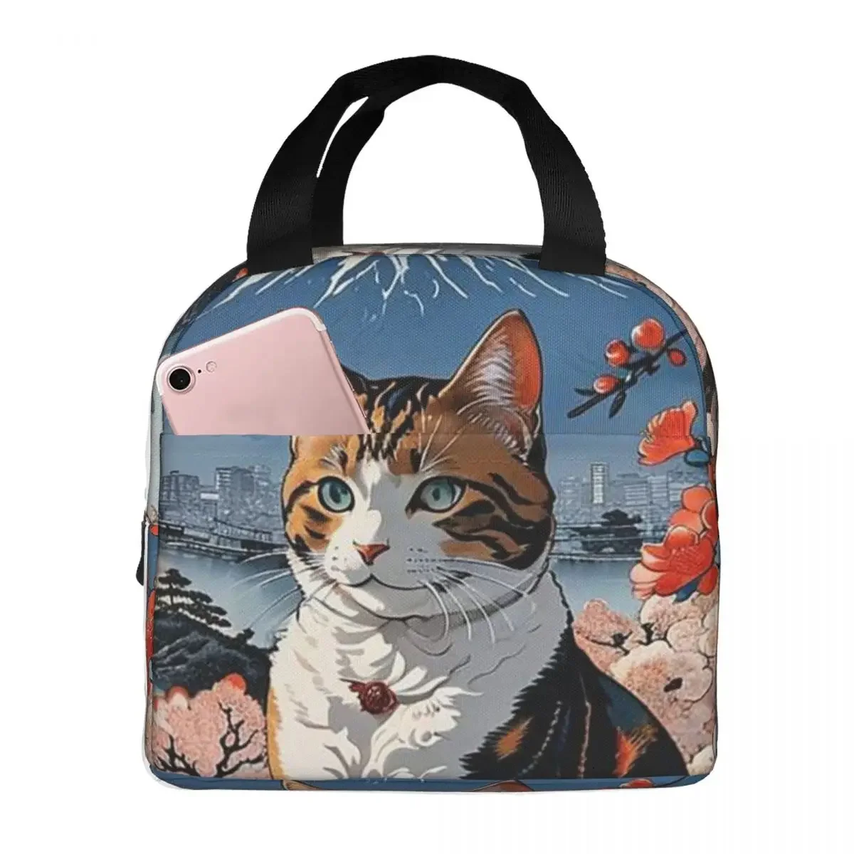 Sakura Mount Fuji And Cat Insulated Lunch Bag for Women Kids Portable Food Boxes Thermal Lunch Box Tote