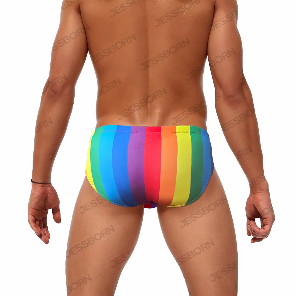 Rainbow Striped Mens Swim Briefs Sexy Male Europe America Swimwear Male Pad Push Up Bathing Suit Sport Beach Surfing Underwear