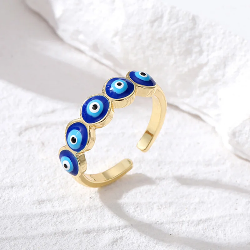 Trendy Boho Gold Color Blue Evil Eye Lucky Rings for Women Men Adjustable Opening Finger Ring Jewelry