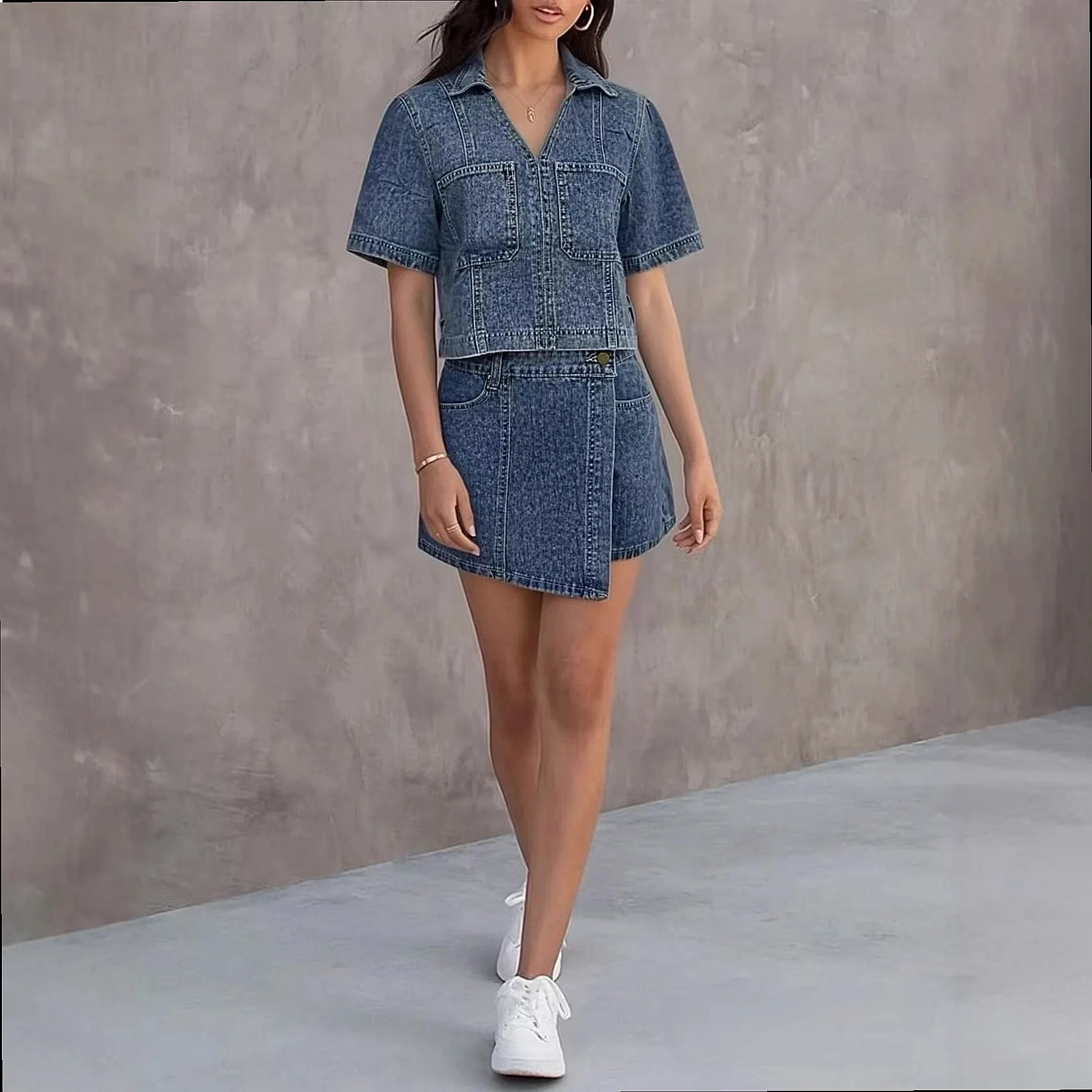 Denim Set Spring Summer Women Slim Fit Denim Sets Notch Lapel Matching Set