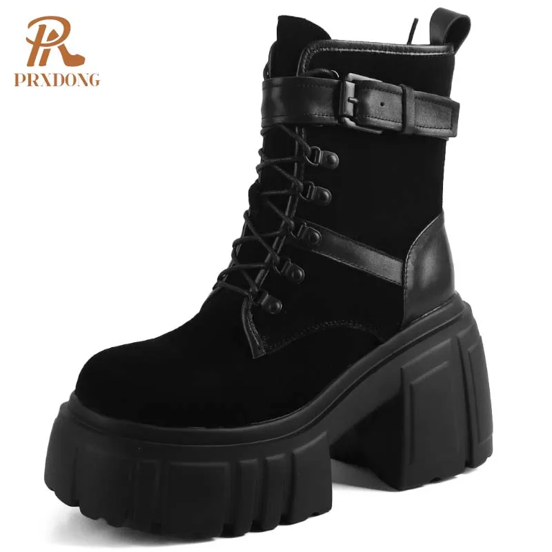 PRXDONG Top Qulaity Genuine Leather Women Shoes Chunky High Heels Platform Black Punk Dress Casual Lady Motorcycle Boots 34-39