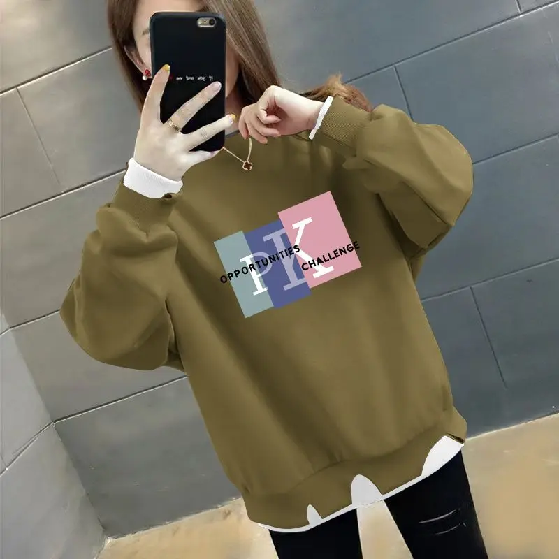 Fashion Loose Printed Hole Fake Two Pieces Sweatshirts Female Clothing 2023 Autumn Winter Casual Pullovers Irregular Sweatshirts