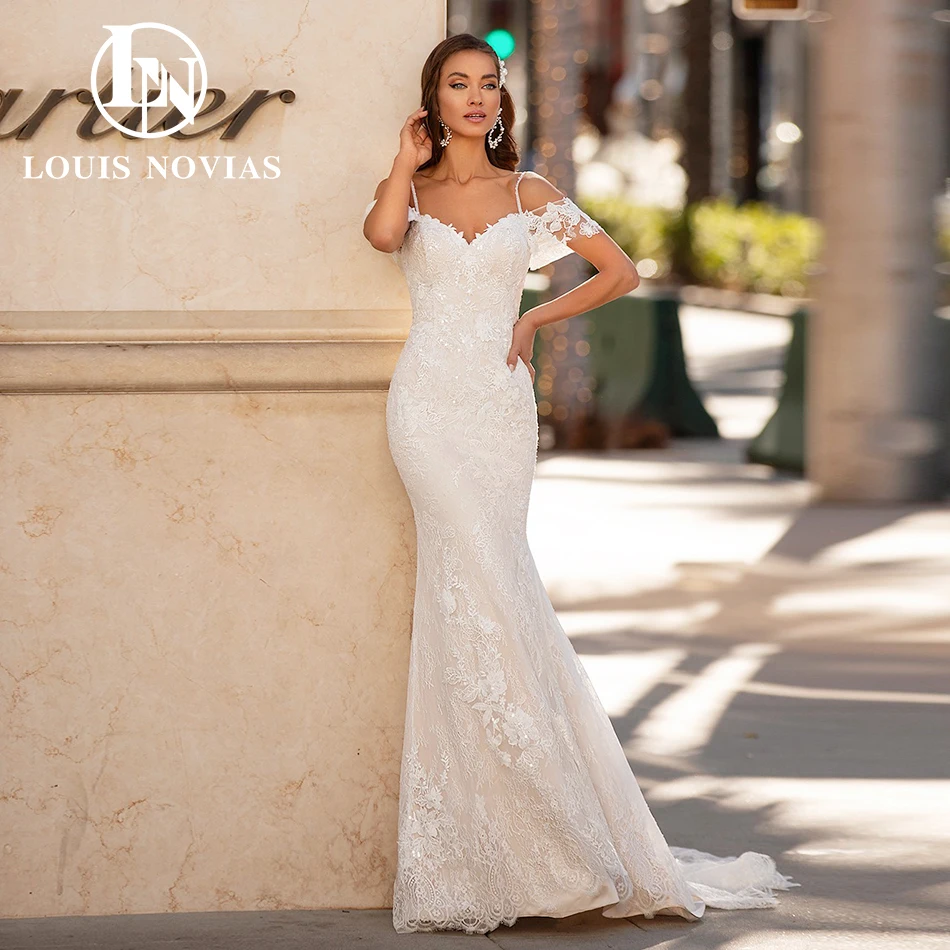 LOUIS NOVIAS Mermaid Wedding Dresses For Woman Sexy Short Sleeve Spaghetti Straps Appliques Lace Wedding Gown Vestidos De Novia