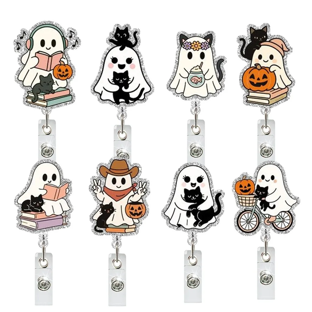 Halloween Ghost Black Cat Pumpkin Pattern Retractable Id Badge Reel Acrylic Badge Holder With Metal Clip Spooky Medical Staff
