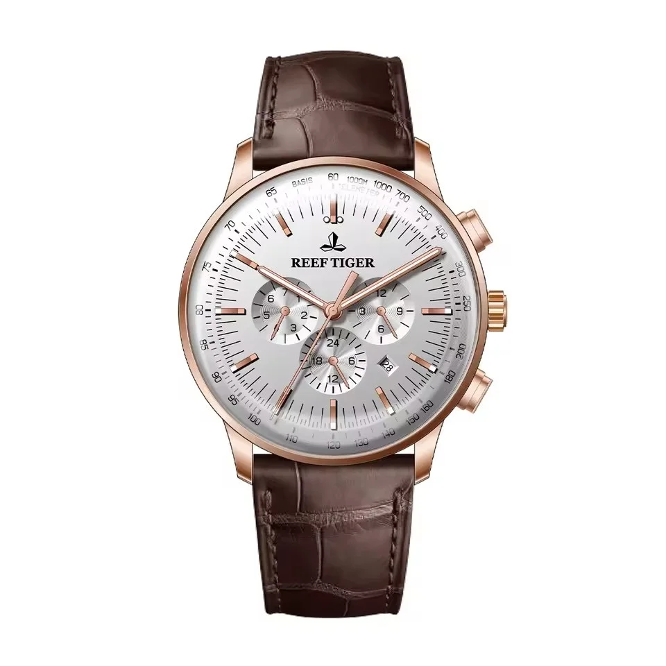 Reef Tiger Men Automatic Watch 42mm Mechanical Wristwatch Sapphire Mirror Multi-Dial Month Week Date 24 Hours