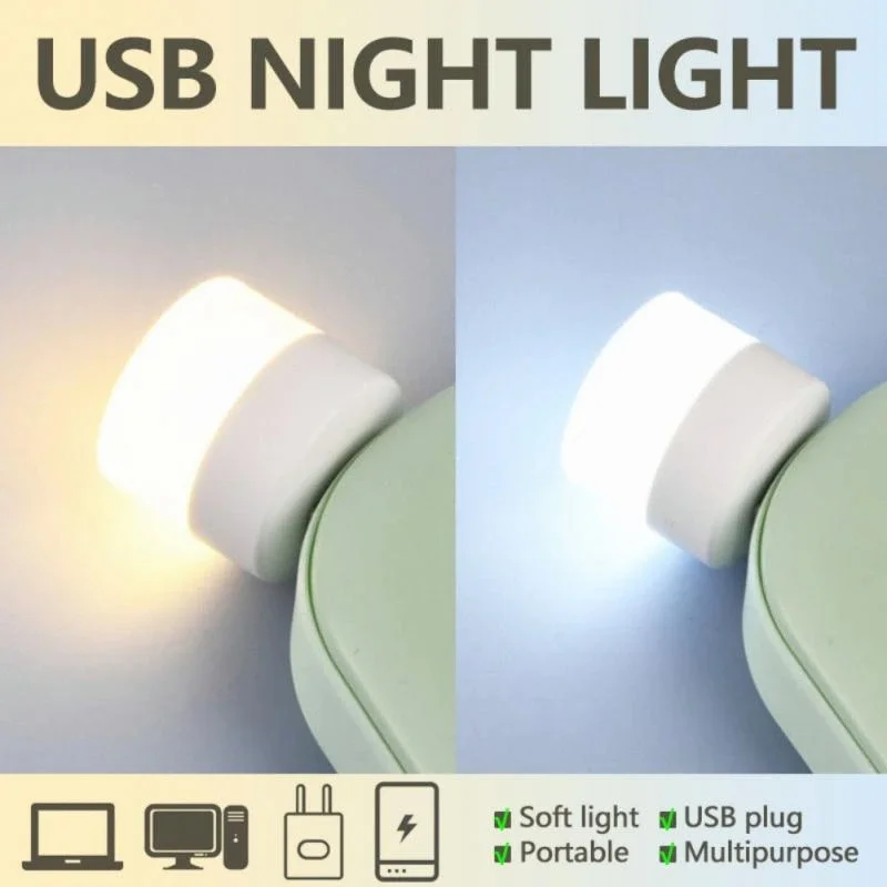 Minilámpara LED de luz nocturna con enchufe USB, luz de lectura redonda pequeña con carga de Banco de energía, protección ocular, equipo de campamento, 50 piezas