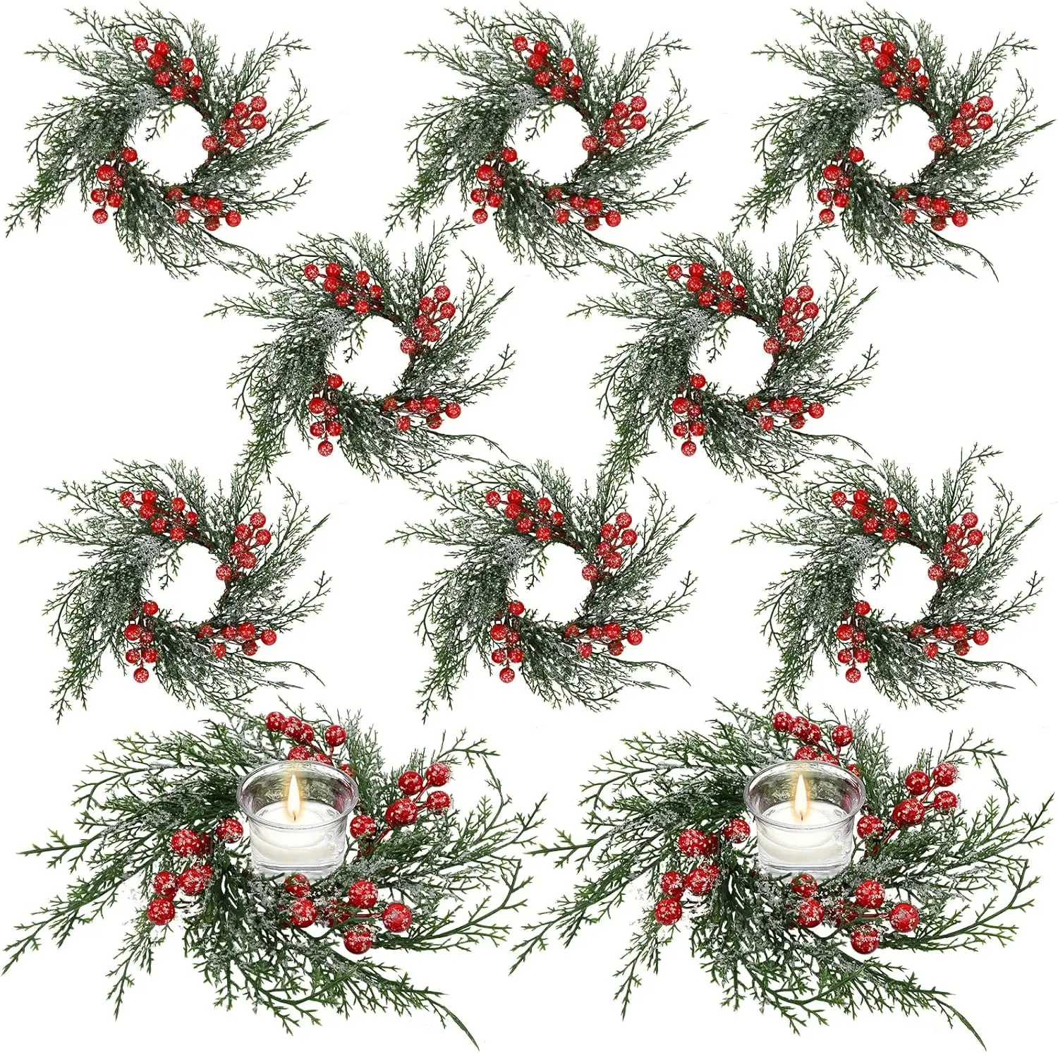 

10 Pcs Christmas Candle Rings Wreath with Red Berry and Snowy Pine Garland for Table Decorations