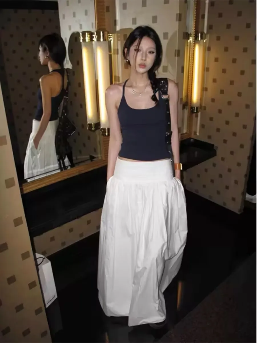 

Women Cotton Blend Wrinkle Resistant High Waist Pleated Long Skirt Hepburn Style Black A Line Umbrella Skirt All Match