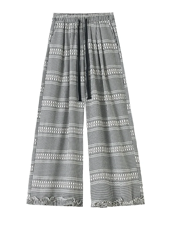 صيف 2025 جديد المرأة منقوشة بنطال ذو قصة أرجل واسعة مطرزة عادية فضفاض صالح التخسيس Harajuku Sle عالية الخصر تسع نقاط