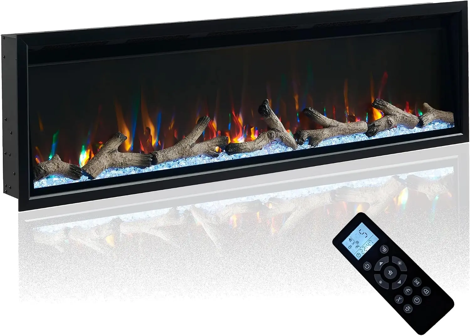60 Inch Electric Fireplace w/Aluminum Frame, Hidden Air Vents Design, Recessed and Wall Mounted Fireplace Heater w/Thermostat, 1