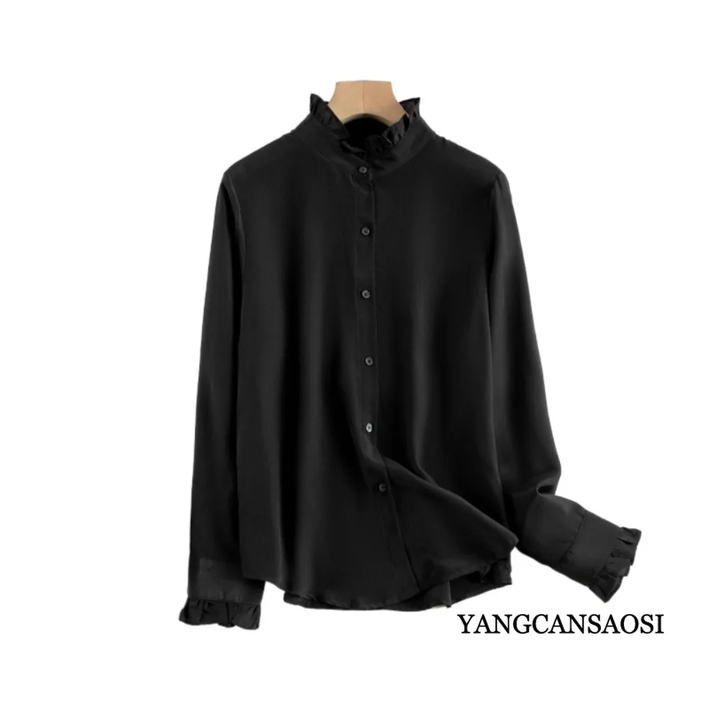 قميص نسائي ربيعي/خريفي جديد على طراز القصر 100% حرير التوت الطبيعي 03 كريب دي تشاين فرنسي سادة بأكمام طويلة وياقة بتلات