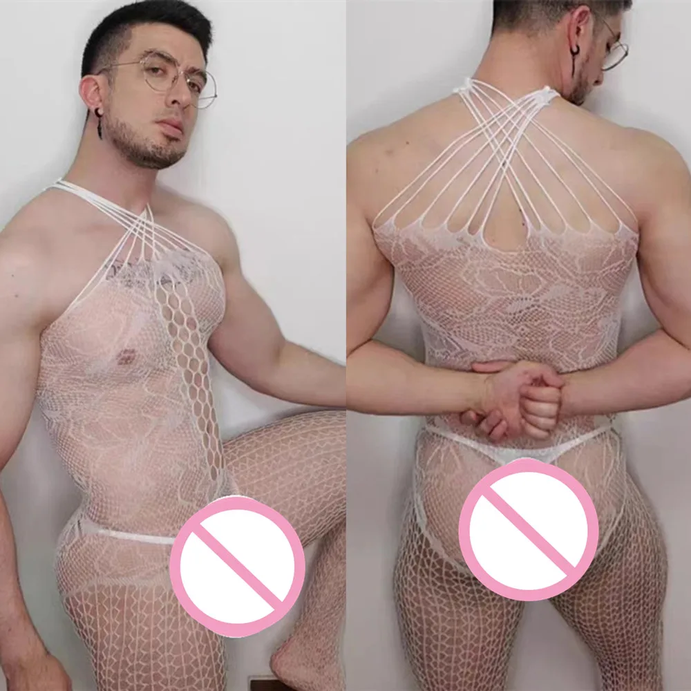 2025 New Fashion Male Bodysuits Sheer Fishnet Jumpsuits One-piece Underwear Sexy Club Outfits Erotic Transparent Bodystocking