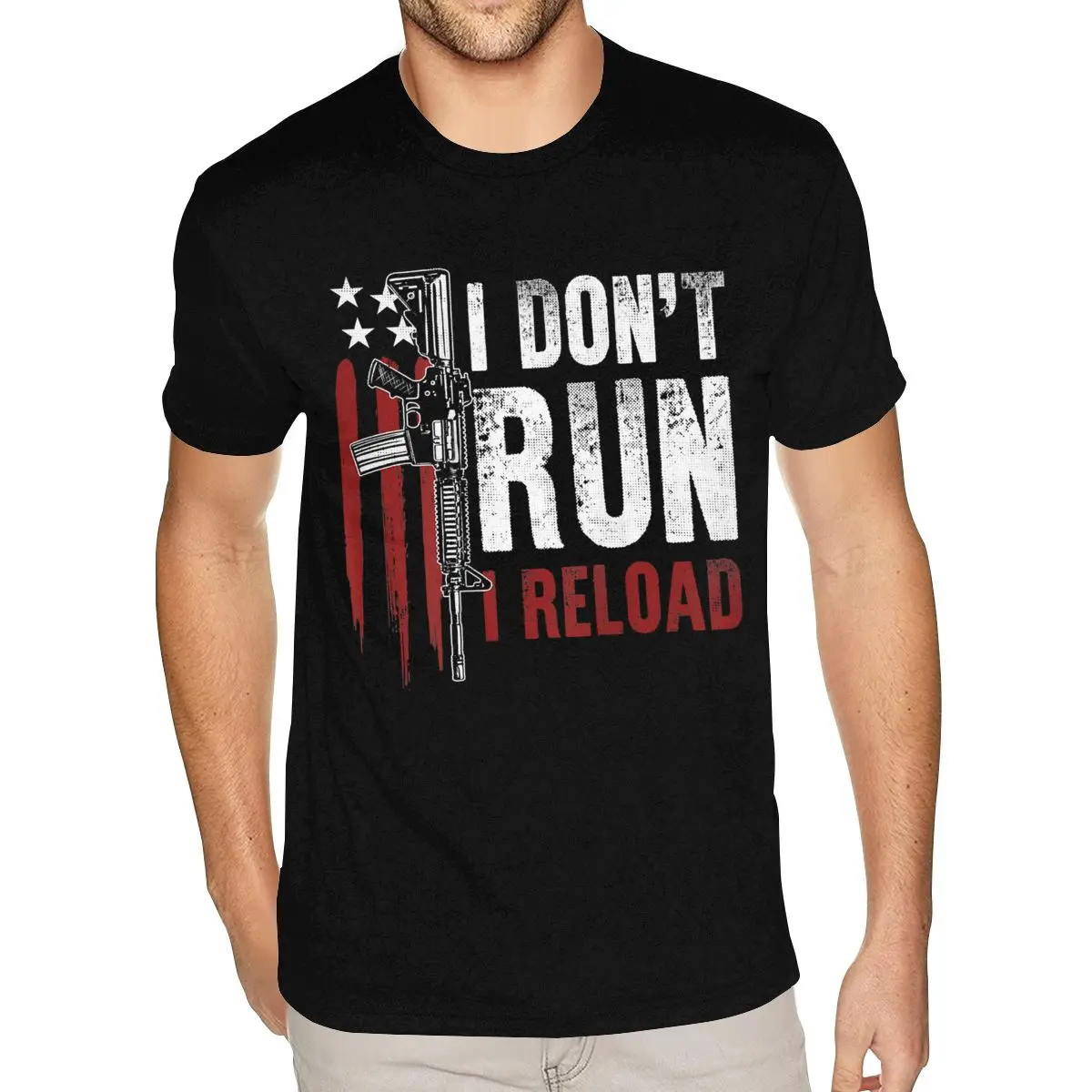 قميص رائع تصاميم بندقية العلم الأمريكي أنا لا أركض أنا إعادة تحميل أنا لا تشغيل قمصان رجالي S-6XL الترا القطن الأسود طاقم الرقبة تي شيرت #1