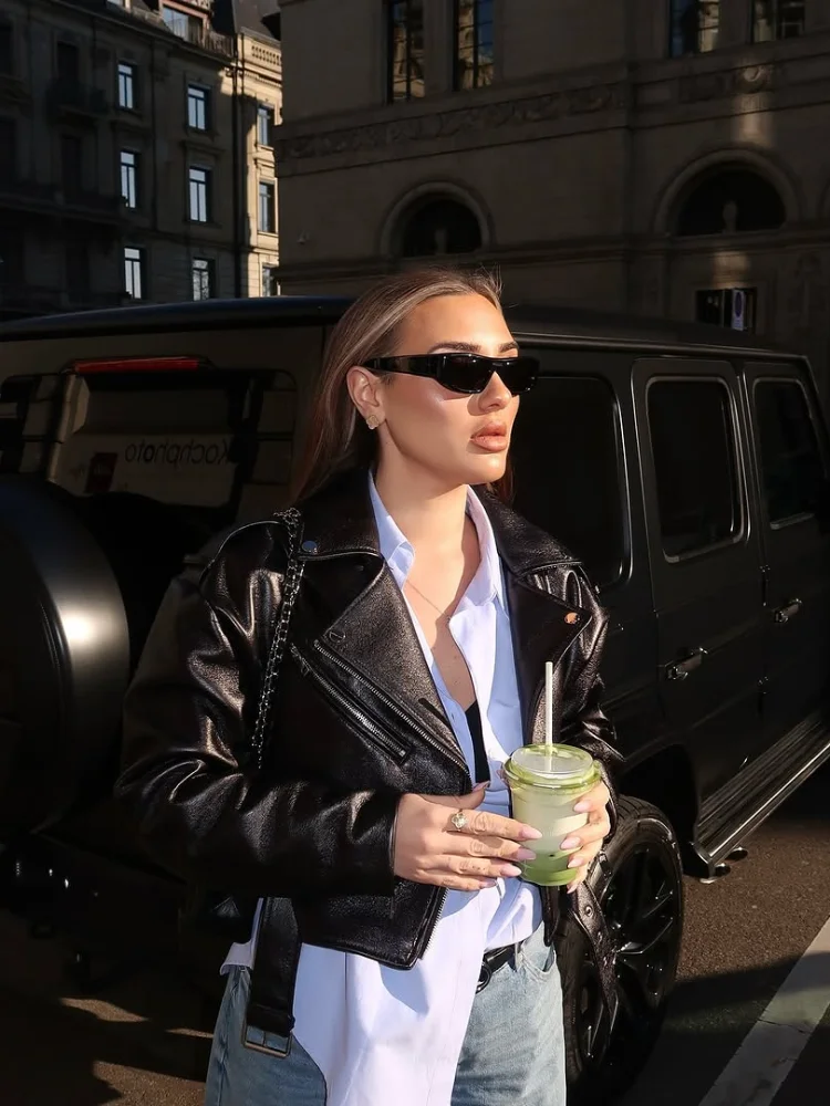 Giacca casual in pelle corta nera moda donna solida manica intera cintura con cerniera giacche corte 2026 cappotto Highstreet quotidiano da donna