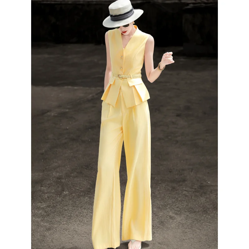 MEXCOCO 2026 Summer Elegant Two Piece Suit V Neck Sleeveless Vest Belt Wide Leg Pants Commuter Business Matching Outfit