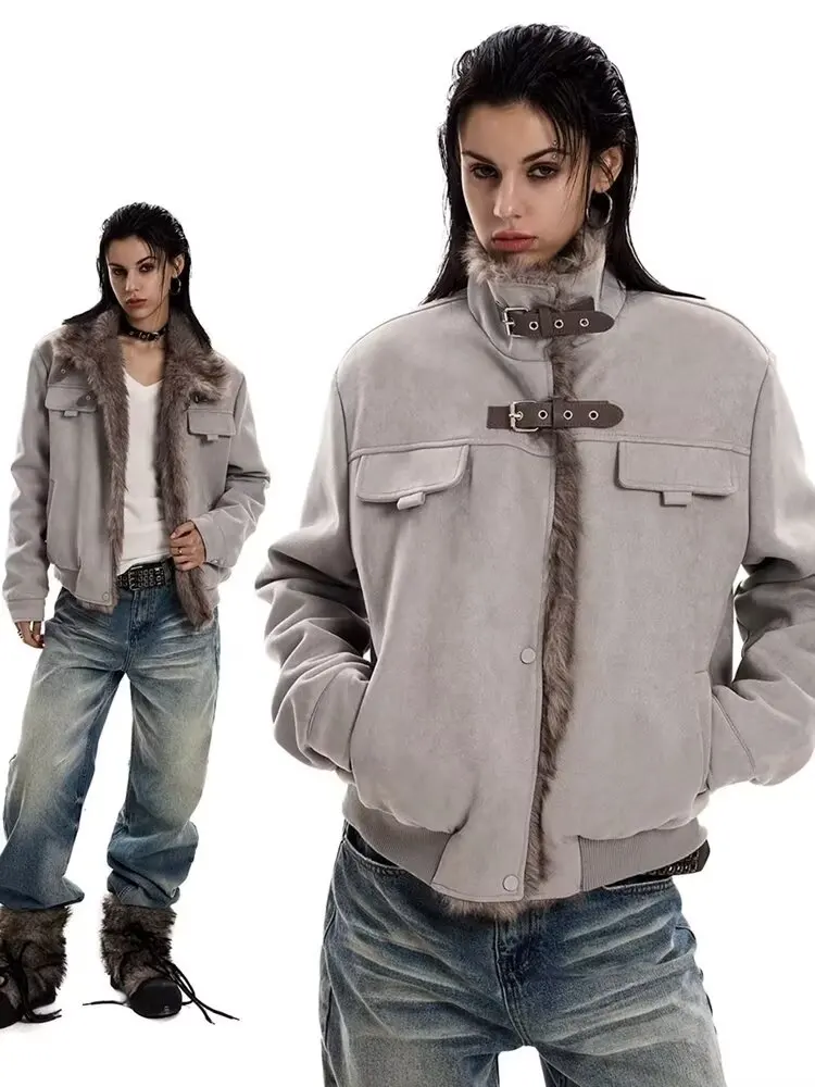 

Y2K Streetwear Stand Collar Jacket Women Autumn Winter Vintage Hairy Collar Thick Warm Outwear Gothic Style Coat New
