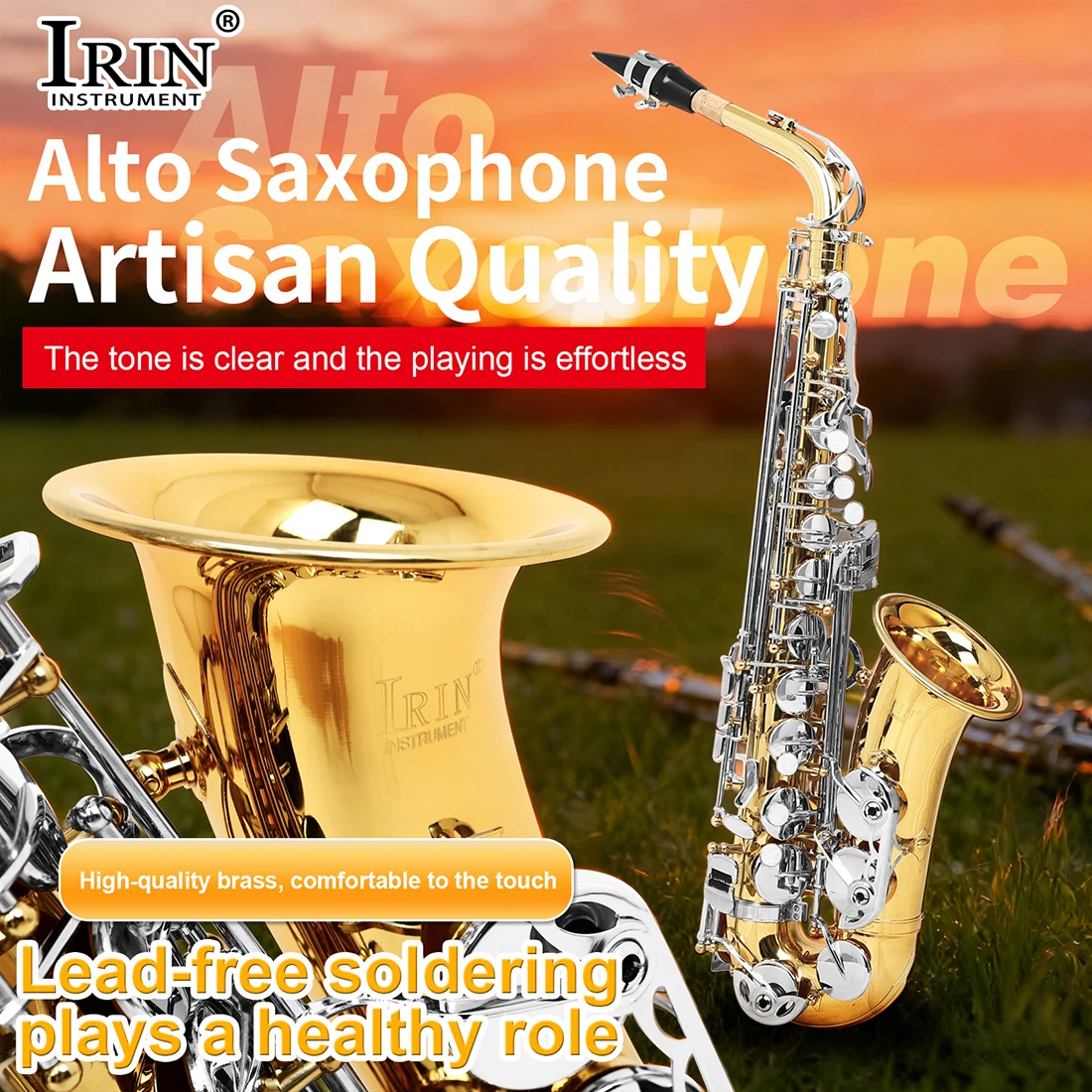 IRIN Alto Saxophone Gold Lacquer Body Silver Keys Brass Student Beginner Performance Saxophone Exam Grade Instrument with Case
