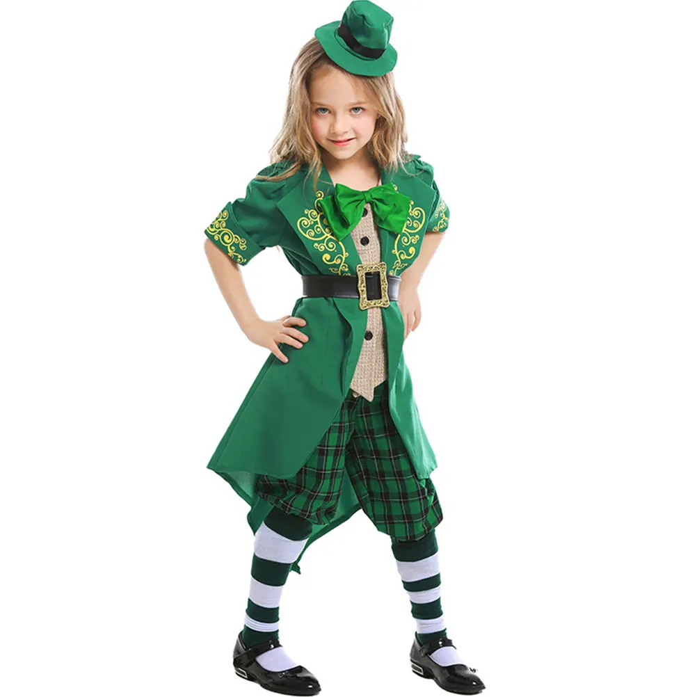 

Patrick'S Day Leprechaun Costume Green Suit For Kids Girls Fairy Outfit Fancy Clothes Hat Pants Xl 140-155Cm