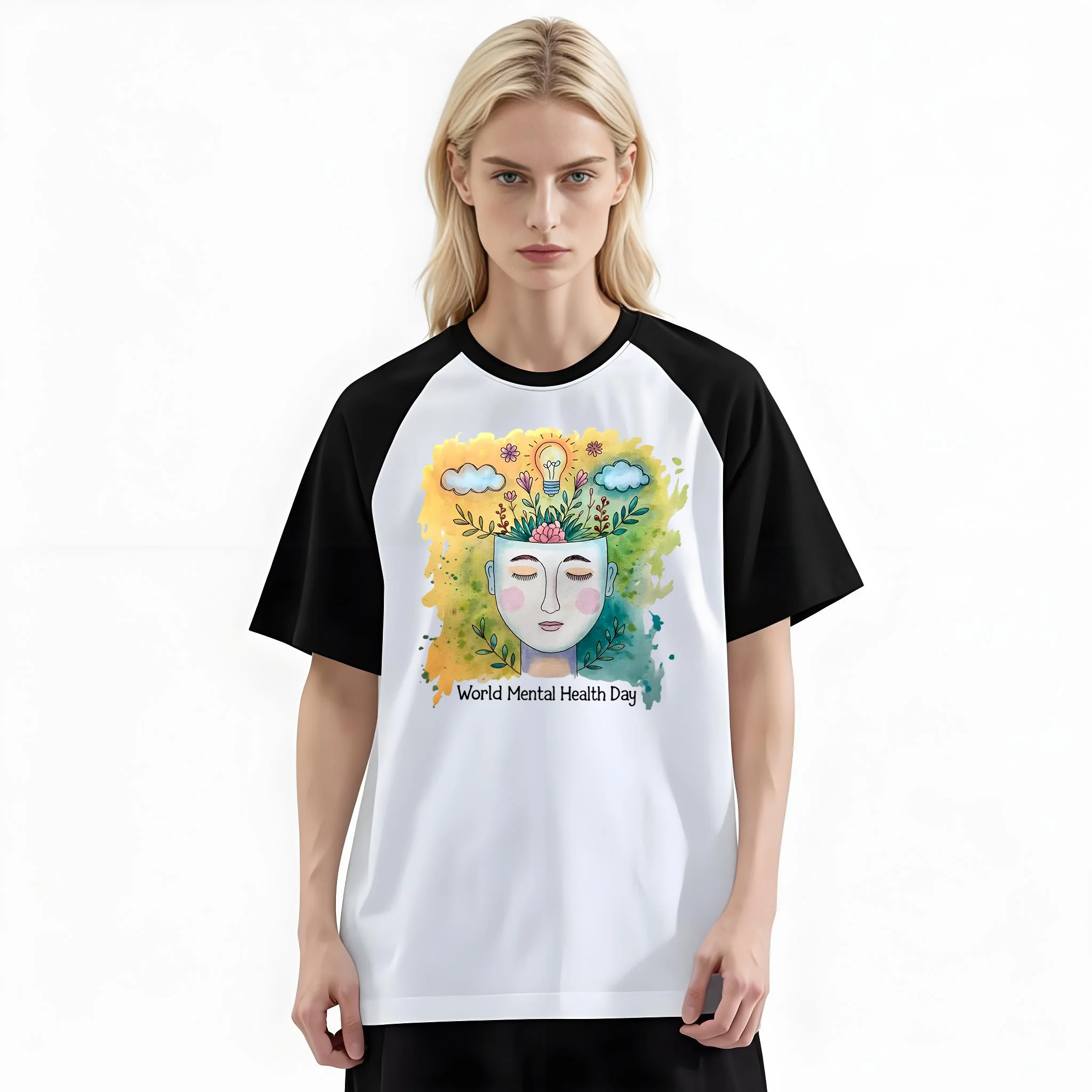 Women'S Fashion Raglan Sleeve T-Shirt, World Mental Health Day Face Art Printed, Summer Casual Comfortable Tee, Women'S Everyday Short-Sleeve Top