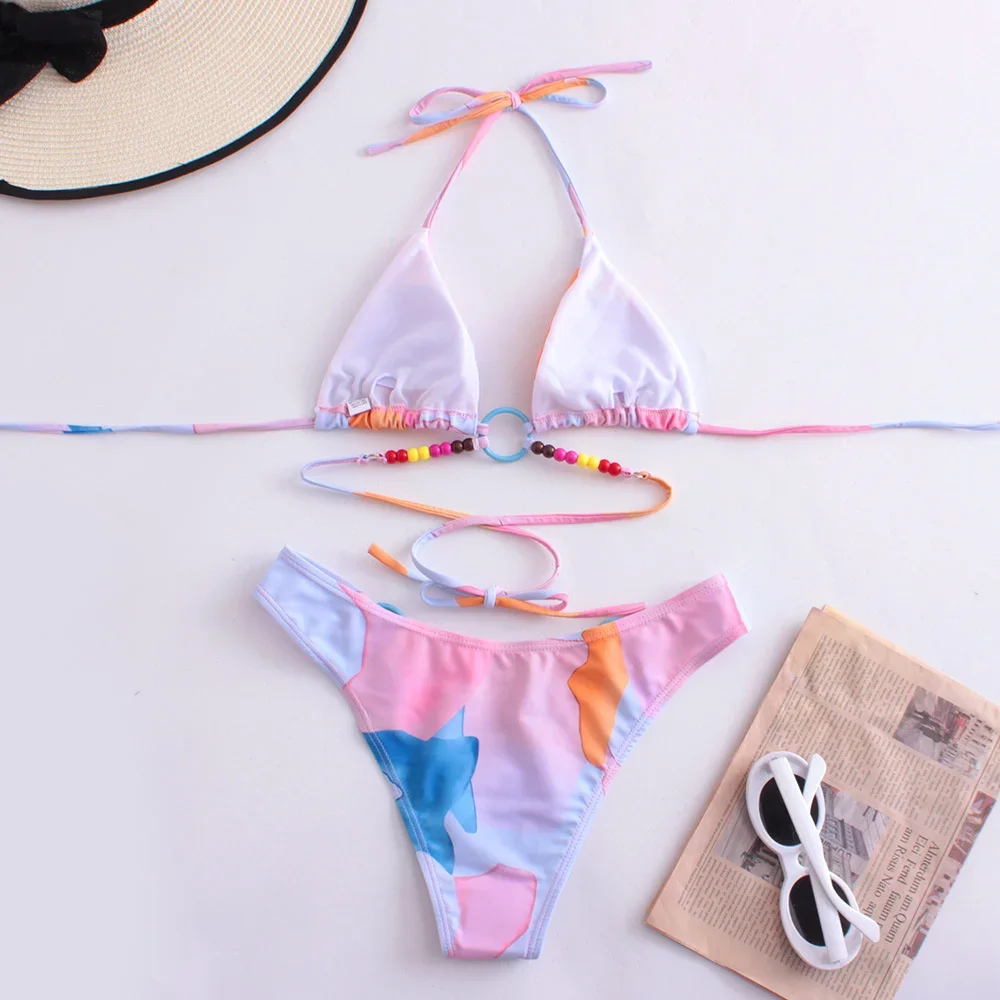 Beaded Rings Bikinis Sets Y2K Print Swimsuit Halter String Backless Micro Bikini Vacation Swimwear Women Beach Bathing Swim Suit