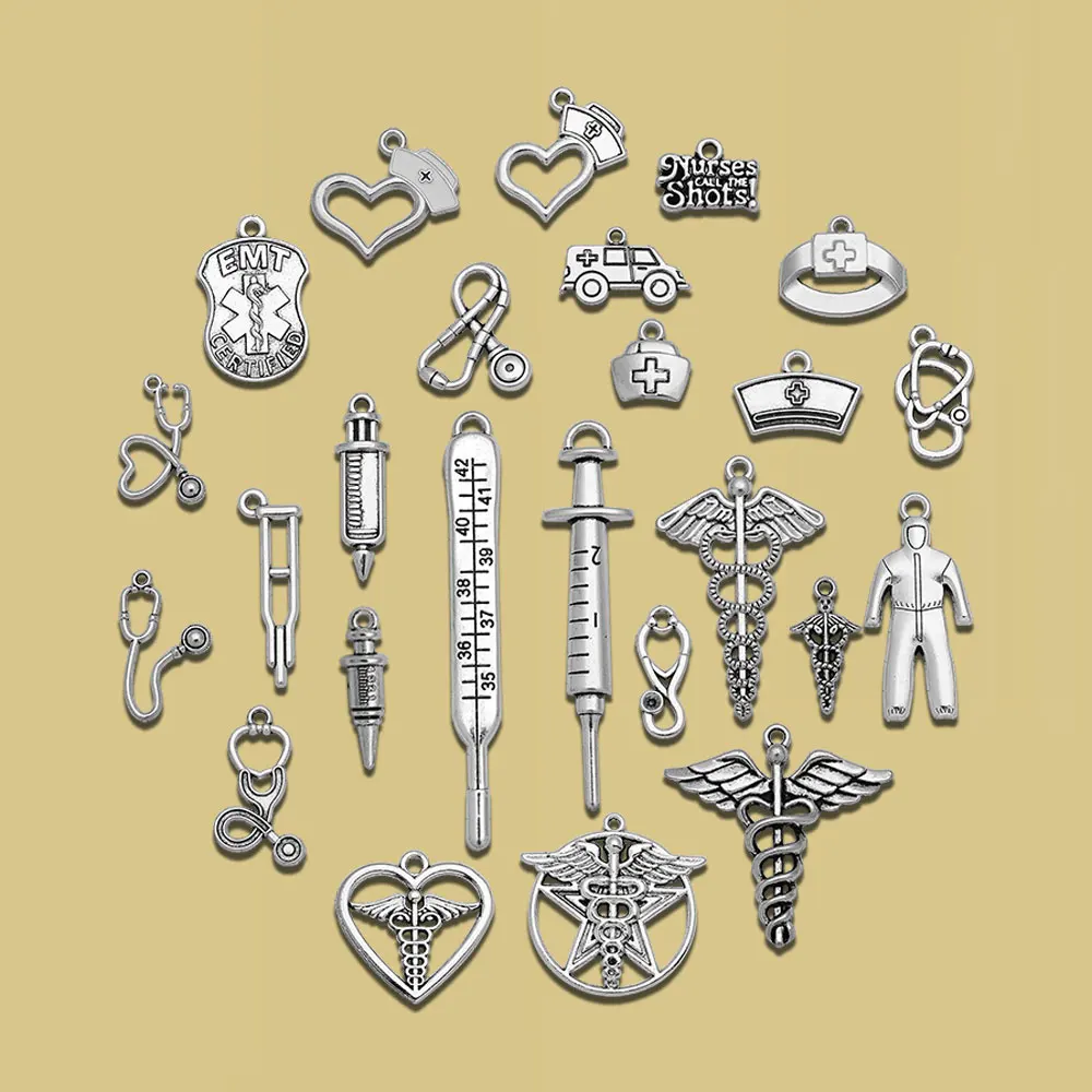 Nurse Doctor Charms Ambulance Collection Medical Caduceus Cap Stethoscope Syringe Pendants Jewelry Making.