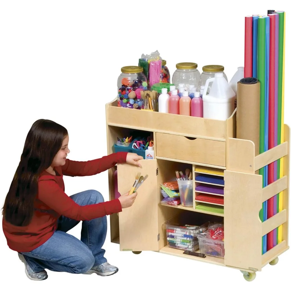 عربة تخزين مستلزمات فنية خشبية محمولة مع عجلات لأنشطة حرفية للفصل الدراسي