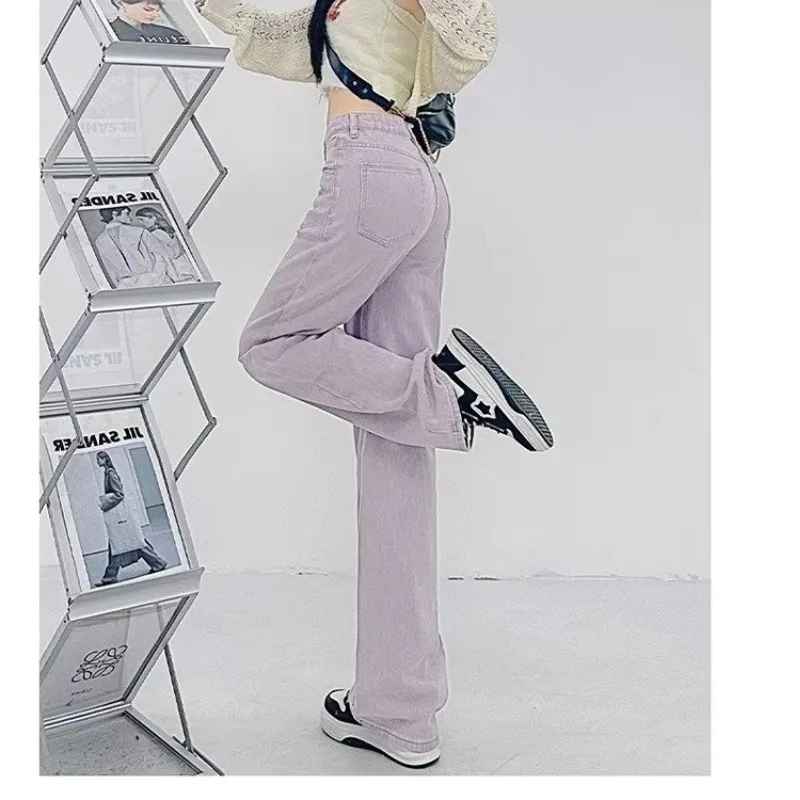 2024 American Style Retro Purple Wide-Leg Jeans Female High Waist Slim Fashion Straight Pants.