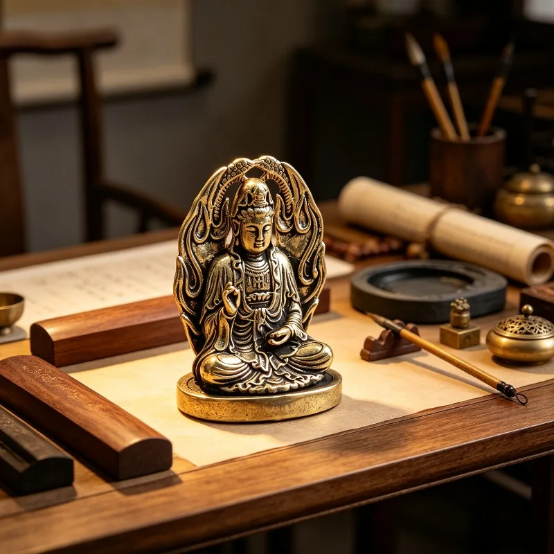 Vintage Brass Seated Guanyin Bodhisattva Statue, Dragon Halo Kwan-yin Figurine on Round Base, Mini Desktop Ornament view 5
