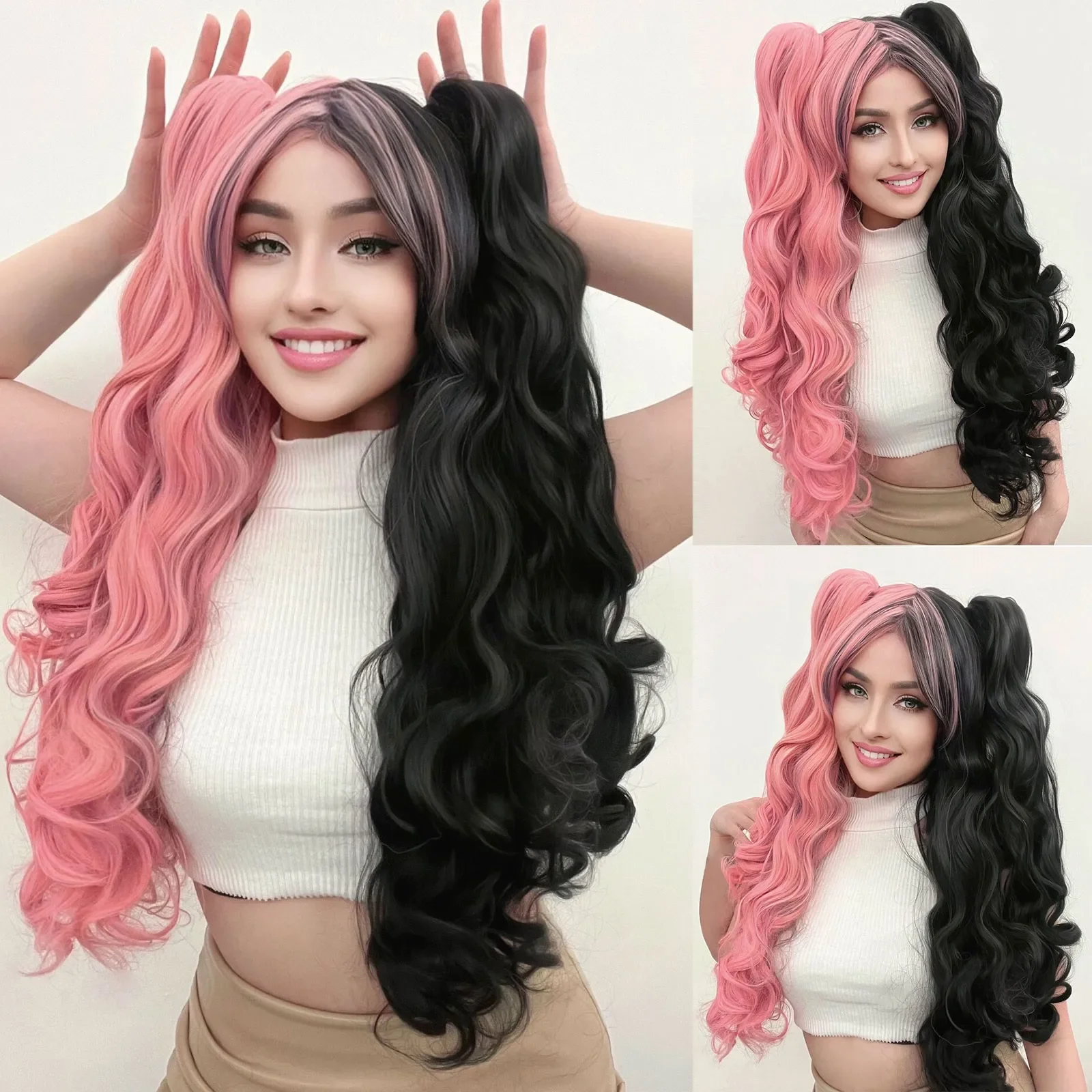 ANOGOL Cosplay Ponytail Wig Synthetic Long Colored Curly Girls Lolita Cosplay Wig With Double Ponytails &