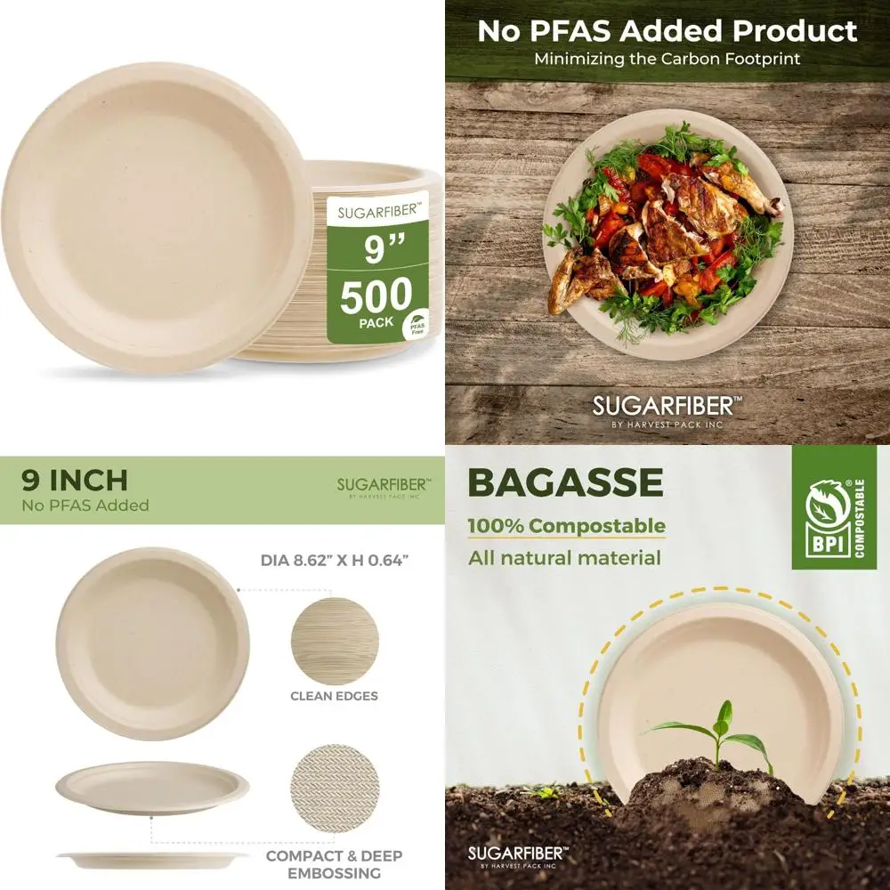 

Compostable 9-Inch Round Paper Plates, Heavy-Duty Natural Bagasse, Disposable, PFAS Free, Eco-Friendly for Harvest