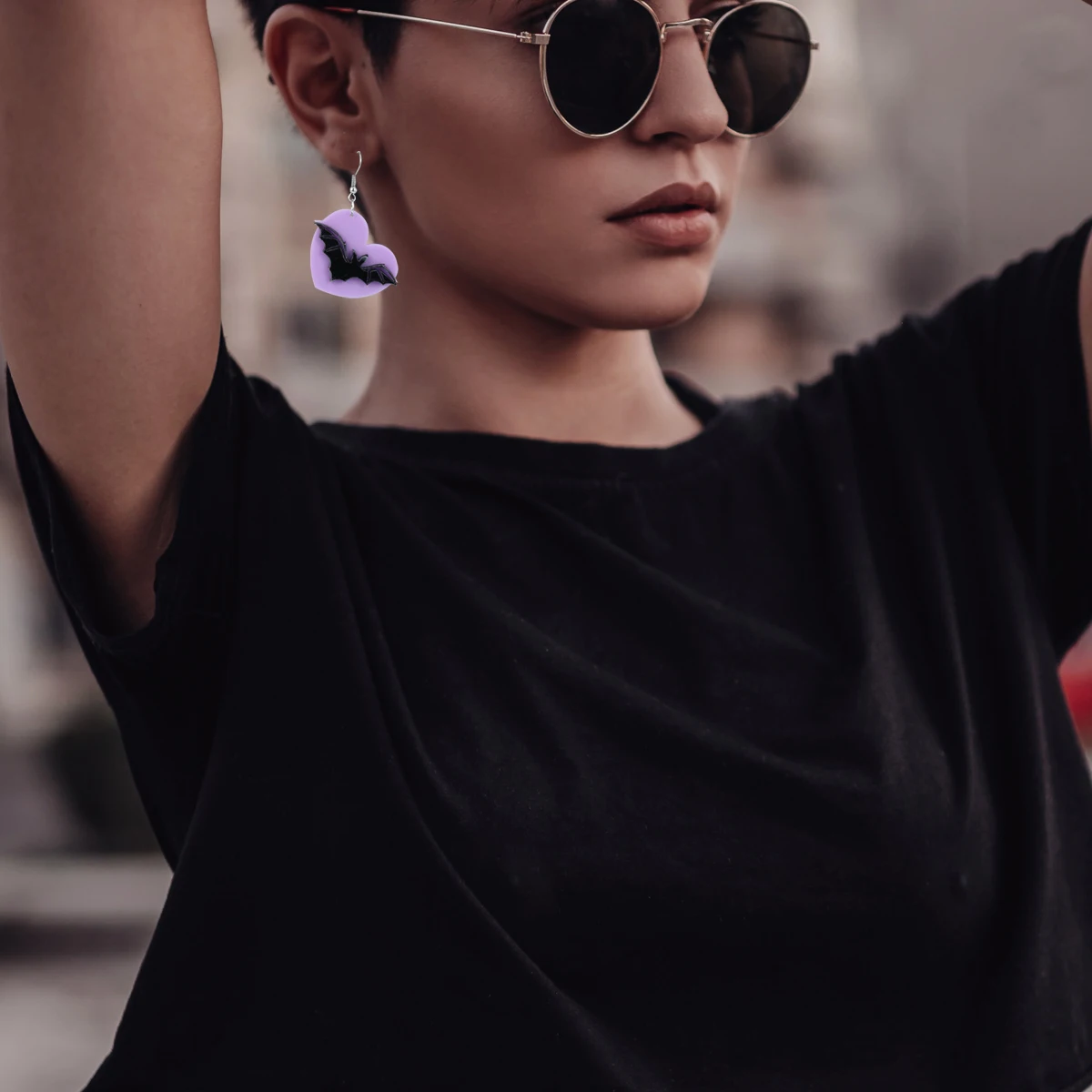 

Bat Wings Earrings Acrylic Heart Shaped Violet Black Dangle Girl Jewelry Fashion Accessory Gift Idea Long Lasting Use Exquisite